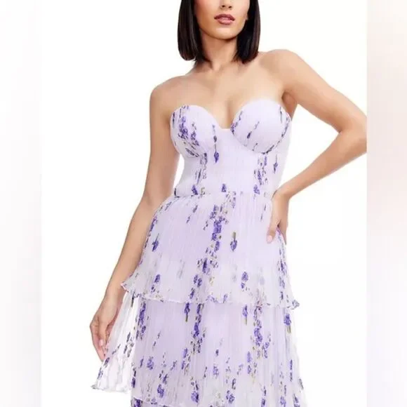 Dress The PopulationLayana Floral Tiered Bustier Gown Lavender Strapless, Large - Picture 2 of 11